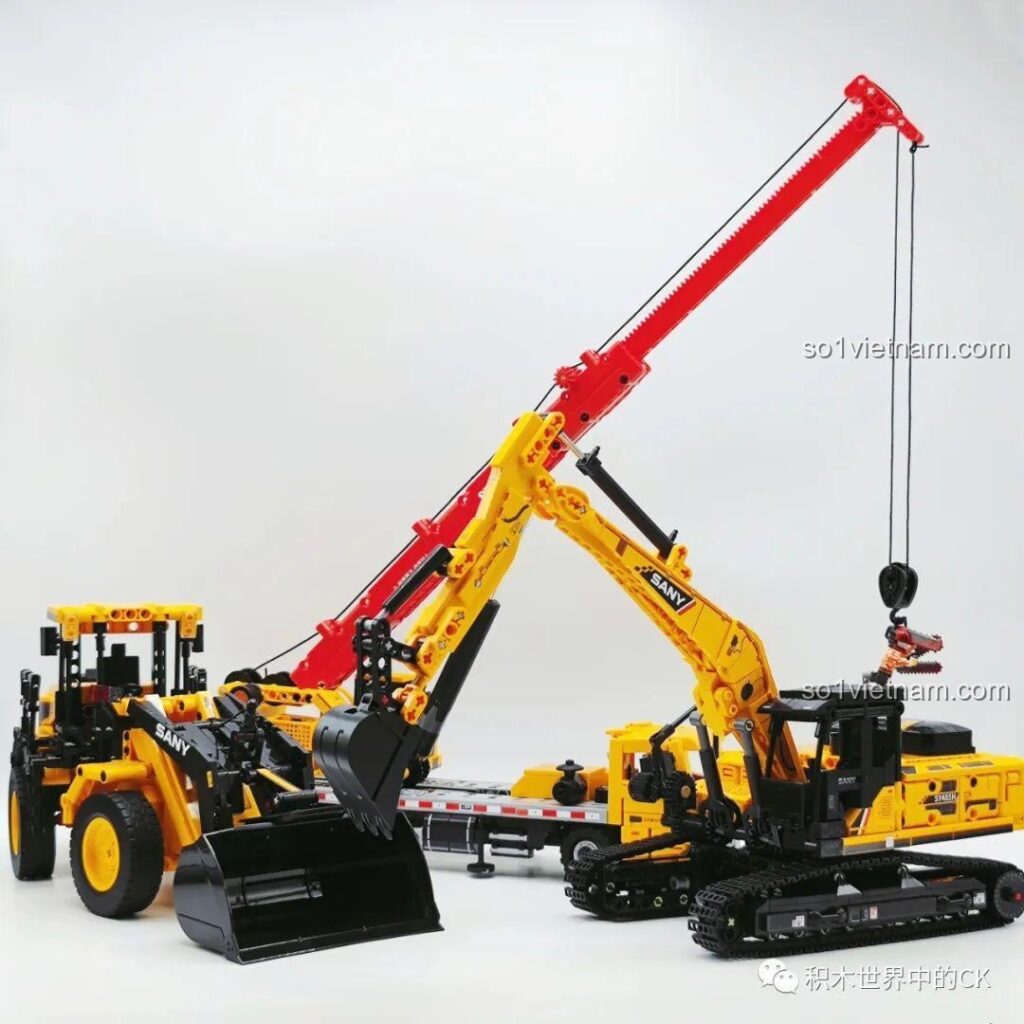 Hình ảnh bộ sưu tập đồ chơi lắp ráp xe công trình SANY được cấp phép chính thức bởi Sembo, bao gồm xe xúc, xe cẩu và xe tải.