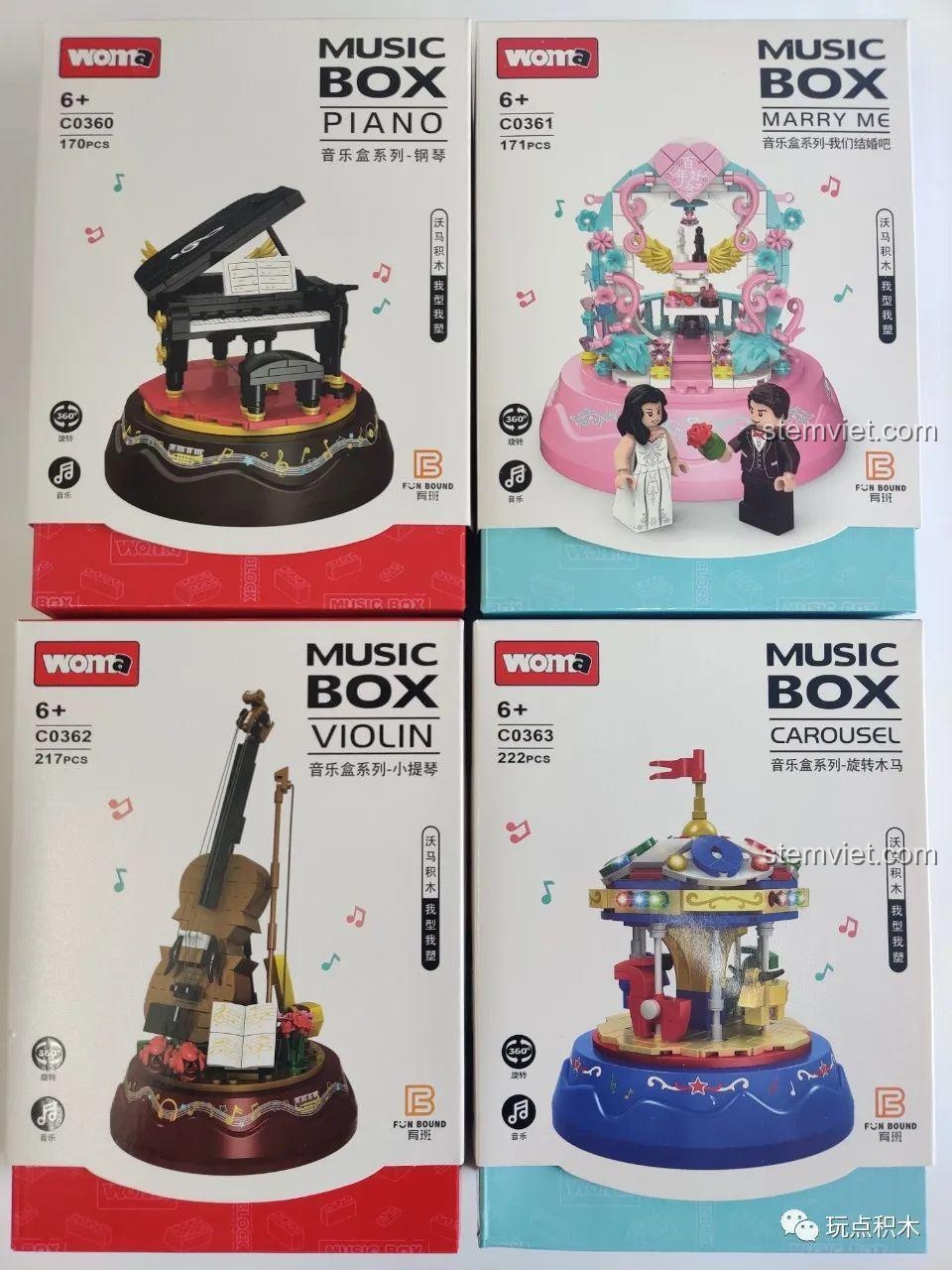 Toàn cảnh bốn hộp của bộ sưu tập hộp nhạc lắp ráp WOMA gồm Piano, Đám cưới, Violin và Đu quay ngựa gỗ.