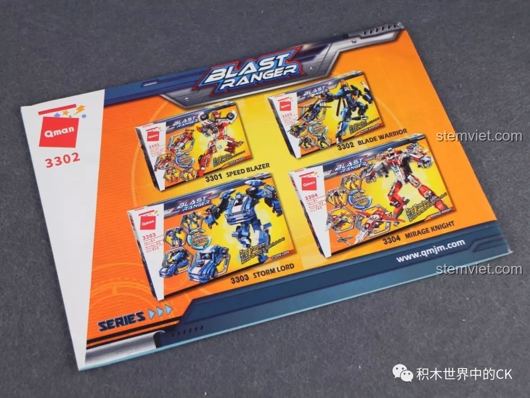 Quảng cáo bộ sưu tập 4 mẫu robot Blast Ranger của QMAN, bao gồm Speed Blazer, Blade Warrior, Storm Lord và Mirage Knight.