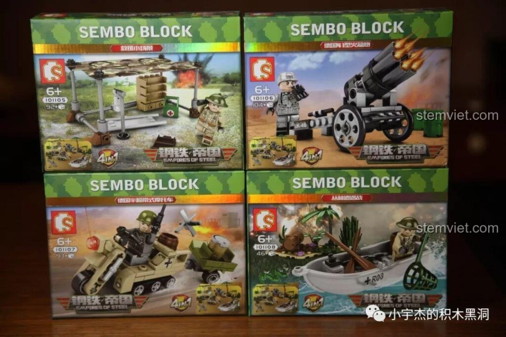 Hộp của bốn bộ đồ chơi lắp ráp SEMBO 101105-101108 chủ đề cảnh quan quân sự mini Thế Chiến II trưng bày cạnh nhau.
