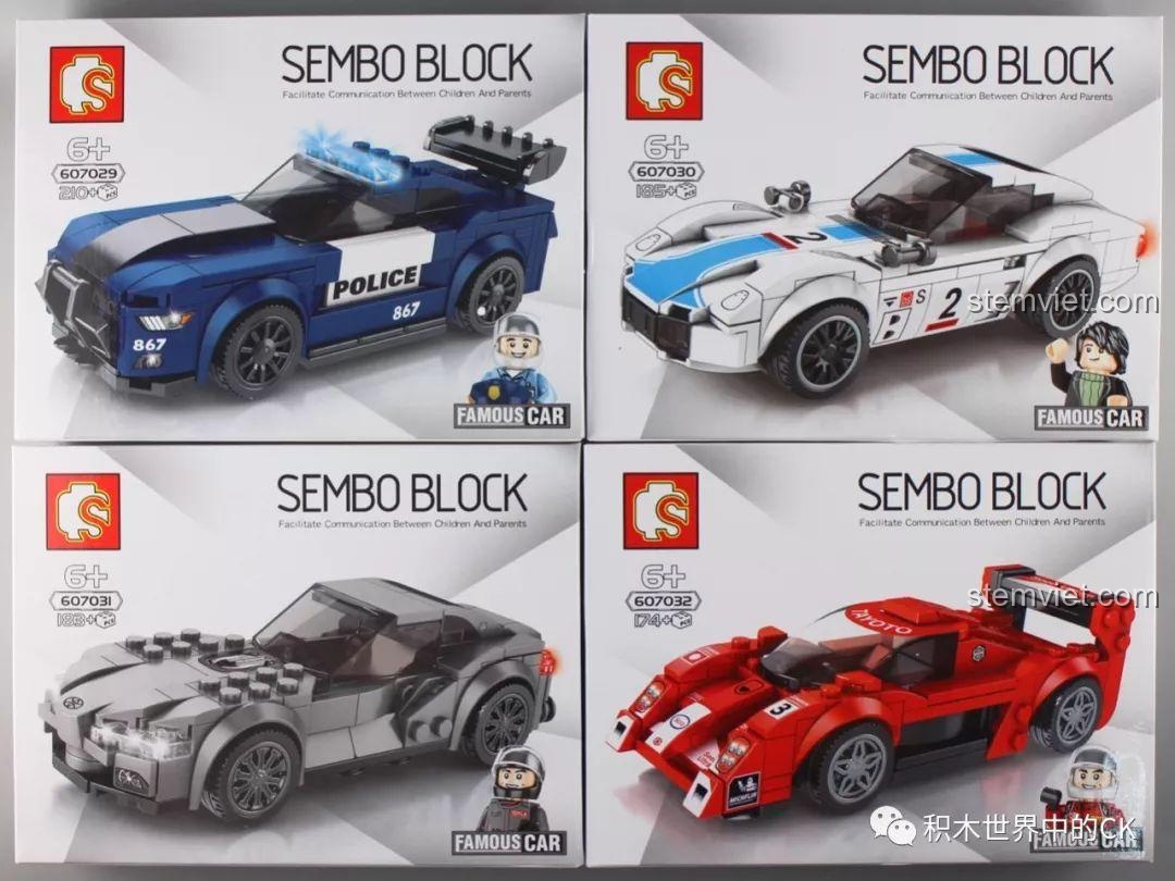 Hộp của bốn mẫu xe trong bộ sưu tập đồ chơi lắp ráp Sembo Famous Car, bao gồm Ford Mustang và các mẫu Toyota.