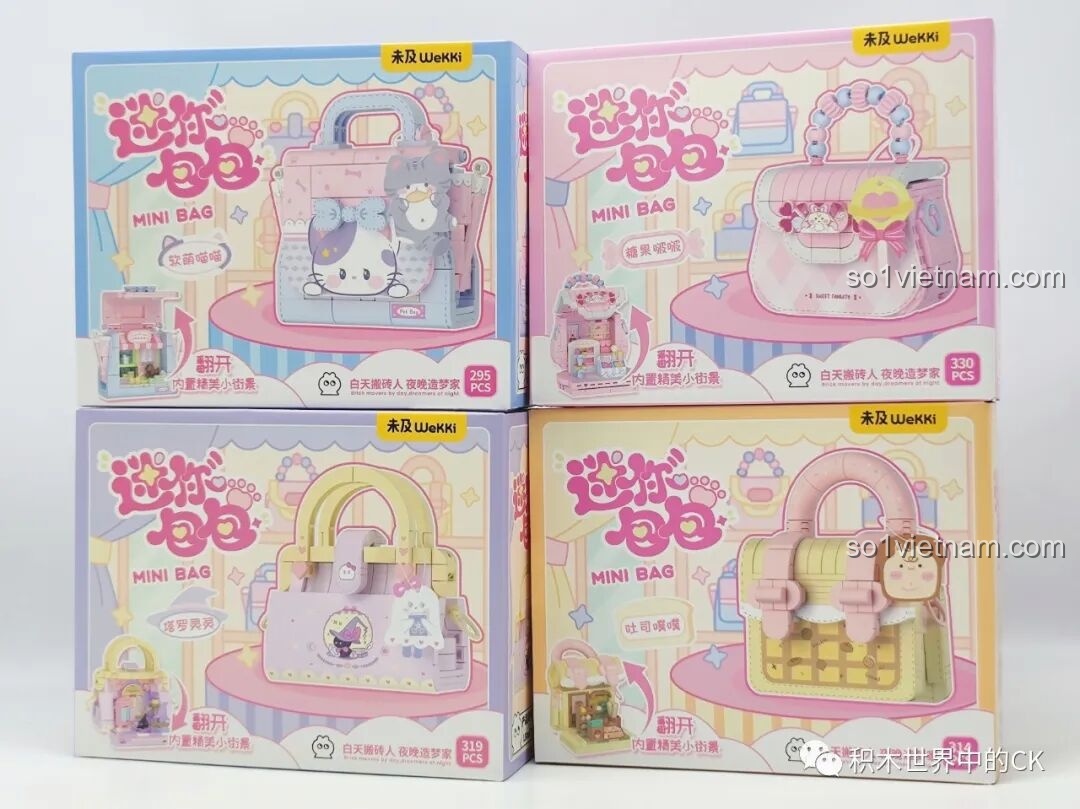 Hình ảnh bốn hộp của bộ sưu tập túi xách lắp ráp Wekki Mini Bag với các chủ đề Mèo Con, Tiệm Kẹo, Tarot và Tiệm Bánh.