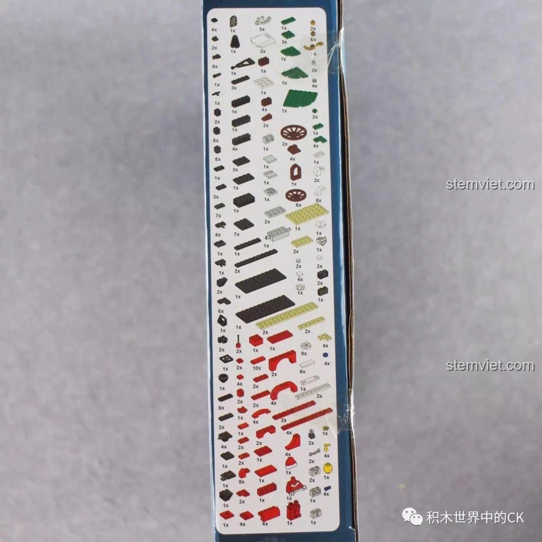 Ảnh bảng kê chi tiết các mảnh ghép trên hộp bộ khối lắp ghép Tàu Hỏa Giáng Sinh Trắng 5036, giúp kiểm tra đầy đủ linh kiện trước khi bắt đầu lắp ráp.