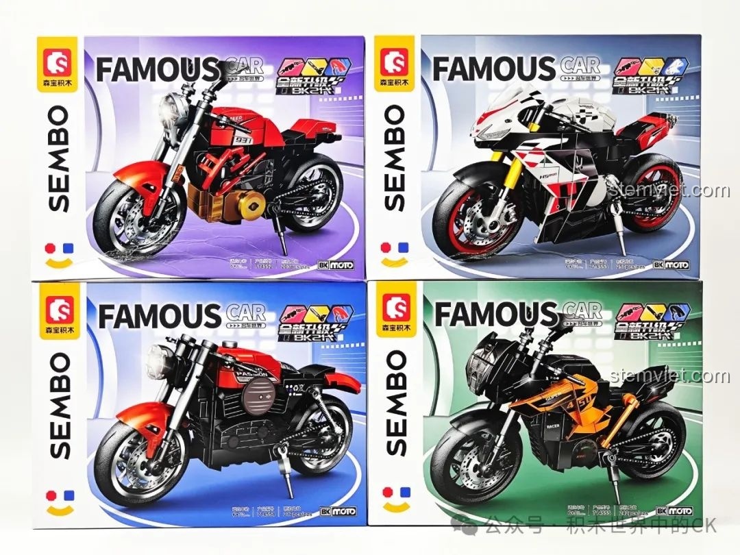 Cận cảnh bốn hộp sản phẩm của bộ sưu tập xe máy SEMBO BK2, bao gồm các mẫu 714552, 714553, 714554, 714555.