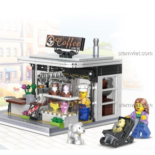 Mô hình đồ chơi xếp hình Tiệm Cà Phê 19006 sau khi lắp ráp, với các minifigures và chú chó.