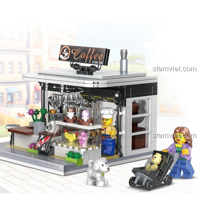 Mô hình đồ chơi xếp hình Tiệm Cà Phê 19006 sau khi lắp ráp, với các minifigures và chú chó.