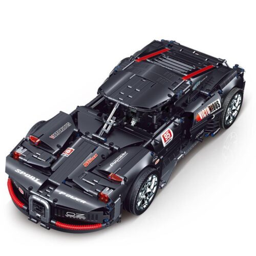 Mô hình hoàn thiện của bộ lắp ráp Siêu xe đua công nghệ BrickCool KC011, một chiếc xe đua hầm hố màu đen với các chi tiết đỏ nổi bật, phù hợp cho con trai 6 tuổi.