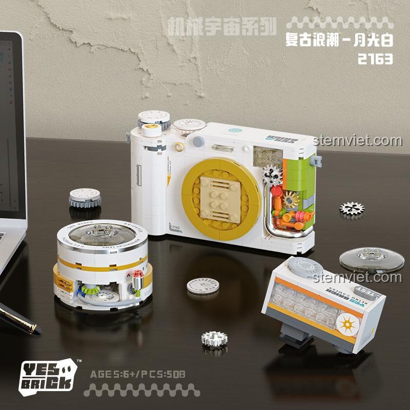Bộ lắp ghép Máy Ảnh Cổ Điển Brickyes 2163, đồ chơi mô hình Máy Ảnh Retro với ống kính và đèn flash có thể tháo rời, tăng tính tương tác.
