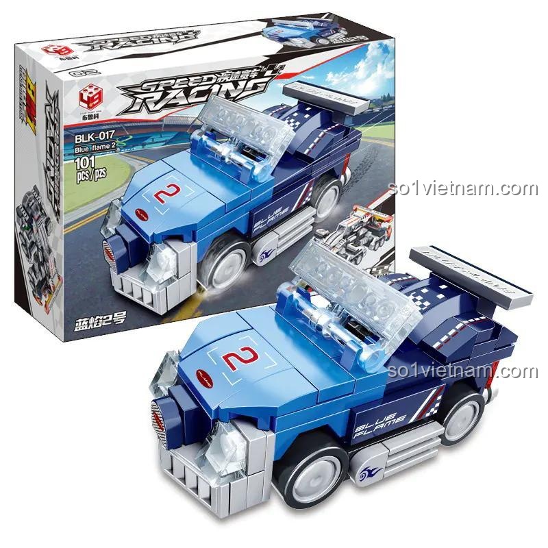 Hộp và mô hình xe đua Blue Flame 2 màu xanh dương từ bộ lắp ráp Buluke BLK017. Món đồ chơi thông minh cho trẻ 6 tuổi.