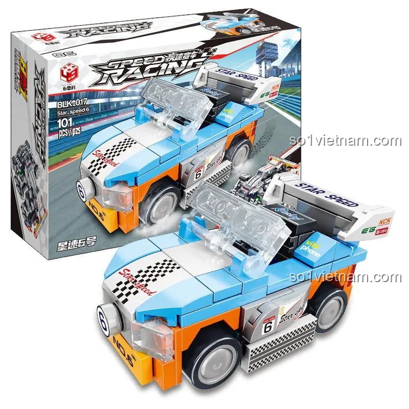 Hộp và mô hình xe đua Star Speed 6 màu xanh lơ, một phần của bộ xếp hình BLK-017. Đồ chơi an toàn cho bé 6 tuổi.