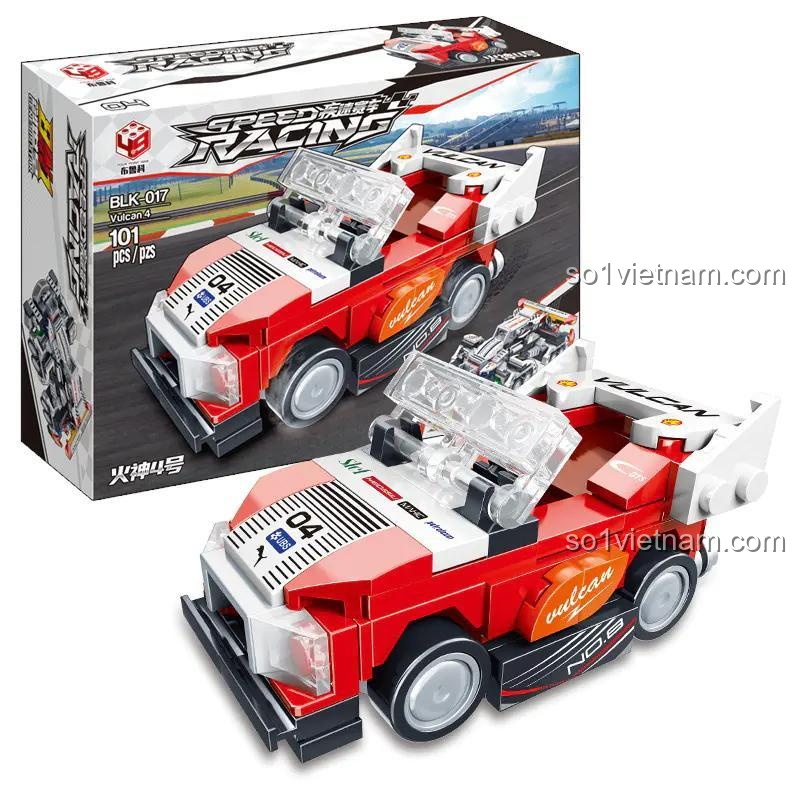 Hộp và mô hình xe đua Vulcan 4 màu đỏ, thuộc bộ lắp ghép Siêu Xe Đua Hợp Thể Genesis Star. Món quà ý nghĩa cho con trai.