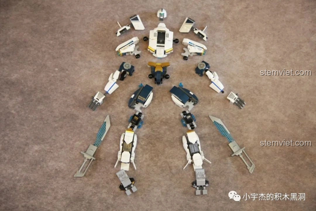 Các bộ phận chính của Robot Băng Phong Bảo Vệ Sluban M38-B1151 sau khi lắp ráp từng phần, sẵn sàng để ghép nối.