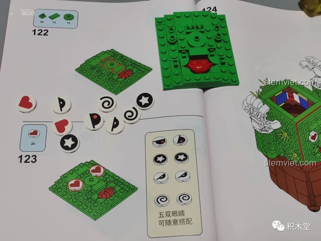 Các cặp mắt có thể thay đổi và hướng dẫn lắp ráp mặt trong bộ lắp ghép Máy vặn trứng xương rồng cho bé 6+.