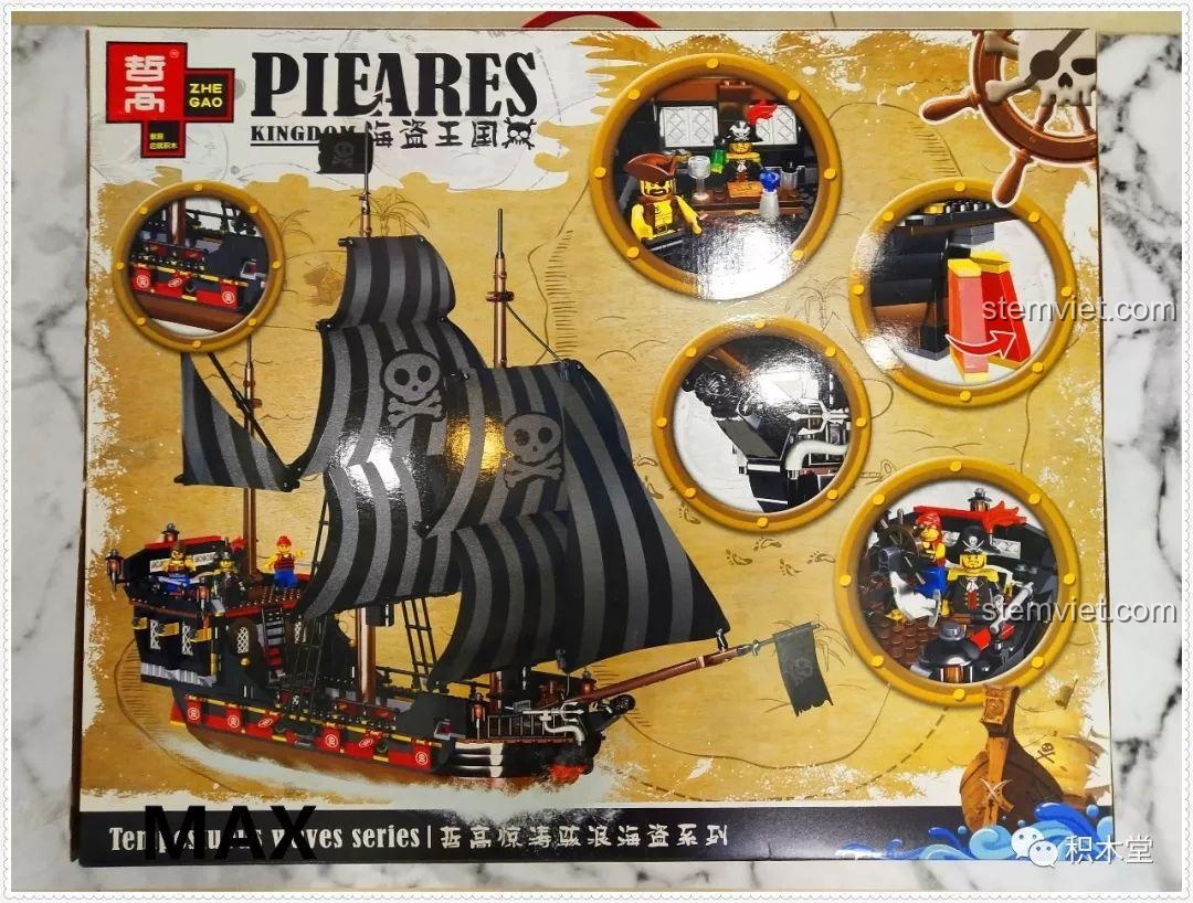 Các chi tiết bên trong hộp Tàu Cướp Biển Skull Adventure QL1801, bao gồm các túi mảnh ghép và sách hướng dẫn.