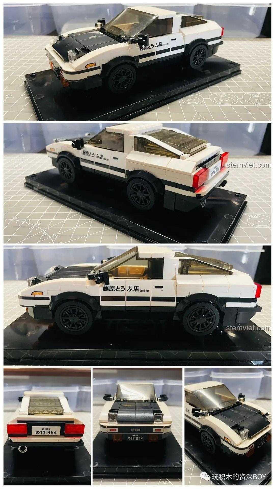 Tổng hợp các góc nhìn khác nhau của mô hình Mould King 27013 Xe Đua Toyota AE86 đã hoàn thiện, bao gồm mặt trước, sau và hai bên.