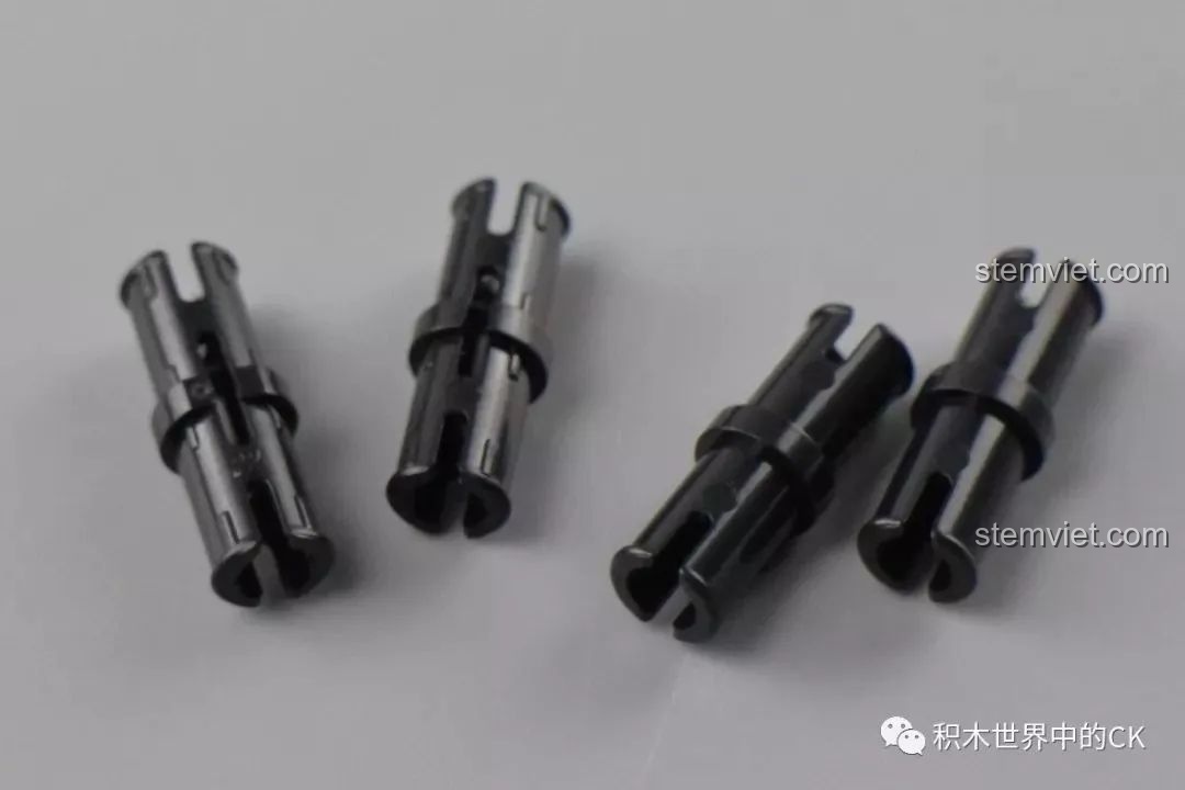 Cận cảnh các loại chốt khác nhau trong bộ Mould King 13070, bao gồm cả loại chốt không có khấc hãm.