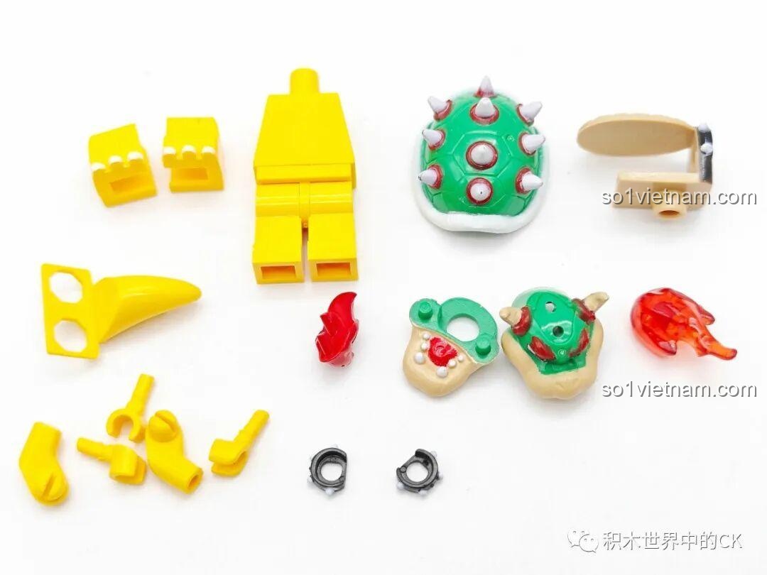 Các mảnh ghép để lắp ráp thành minifigure Bowser Jr. WM2291, một phần của bộ đồ chơi Tiểu vương Bowser Jr. WM6103.
