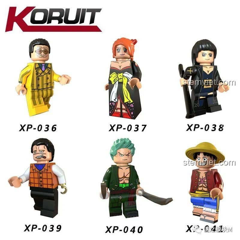 Các mẫu minifigure One Piece từ XP-036 đến XP-041 của KORUIT, bao gồm cả kiếm sĩ Zoro.