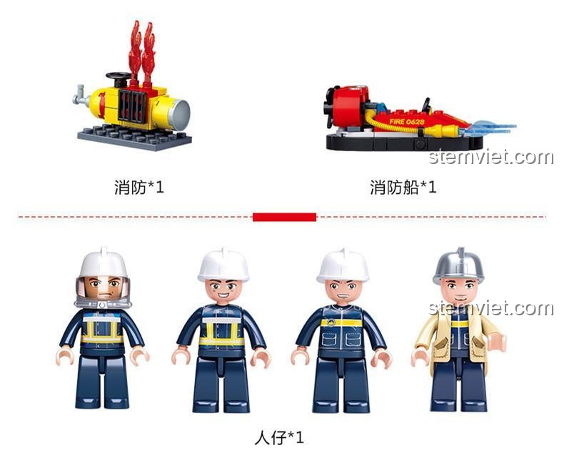 Các nhân vật trong bộ đồ chơi Sluban M38-B0628 Trung tâm Huấn luyện Cứu hỏa