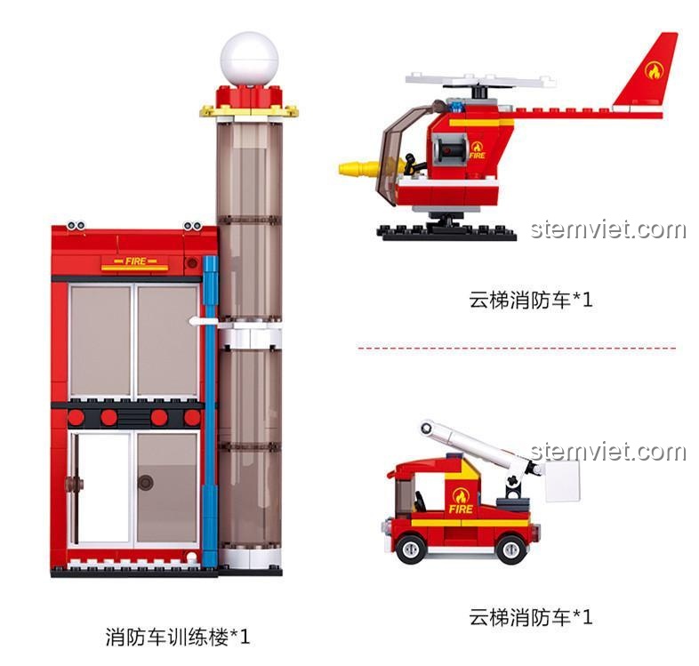 Các phương tiện trong bộ đồ chơi Sluban M38-B0628 Trung tâm Huấn luyện Cứu hỏa