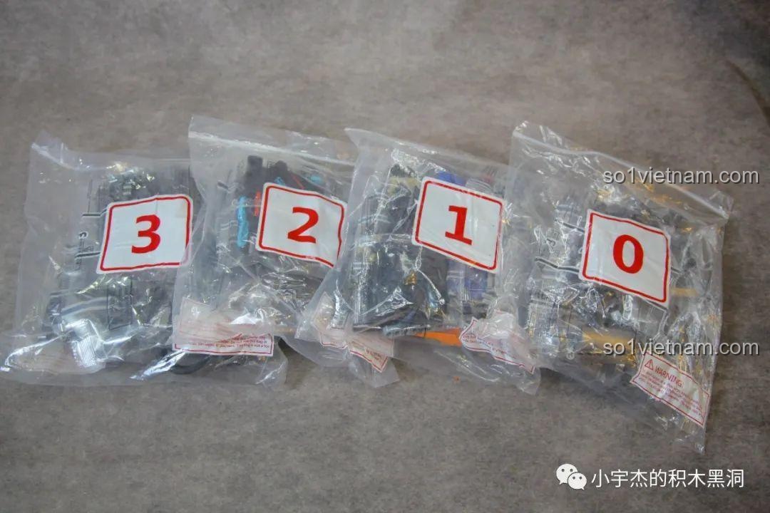 Các túi nhựa chứa chi tiết lắp ráp của bộ MJ Blocks 8620A được đánh số thứ tự từ 0 đến 3 để dễ dàng phân loại và lắp ráp.