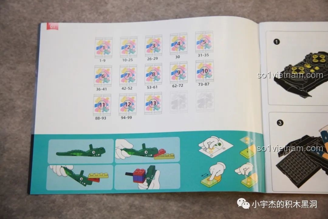 Sơ đồ 13 túi chi tiết được đánh số thứ tự trong sách hướng dẫn lắp ráp xe tăng Sluban M38-B1022, giúp dễ dàng theo dõi.