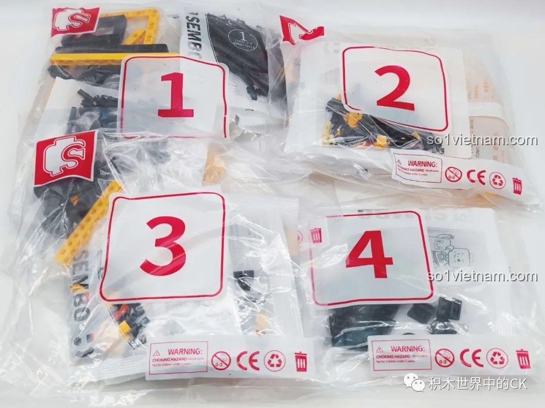 Các túi chi tiết được đánh số từ 1 đến 4 trong bộ lắp ghép Xe xúc công trình SANY 712017, giúp quá trình lắp dễ dàng.