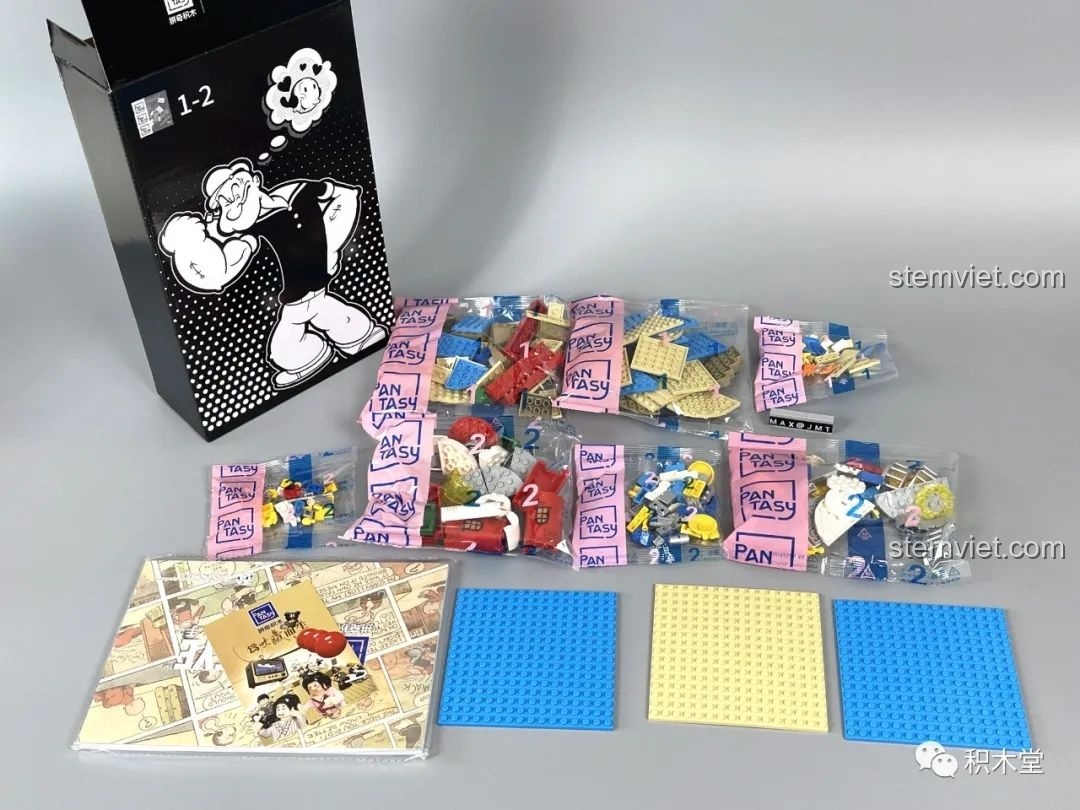 Các túi gạch được đánh số và sách hướng dẫn của bộ lắp ráp Pantasy 86401 Thủy thủ Popeye.