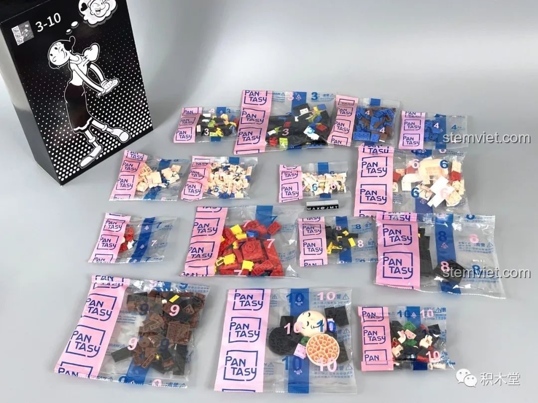 Các túi gạch từ bước 3 đến 10 của bộ lắp ráp Pantasy 86401, được phân chia rõ ràng.