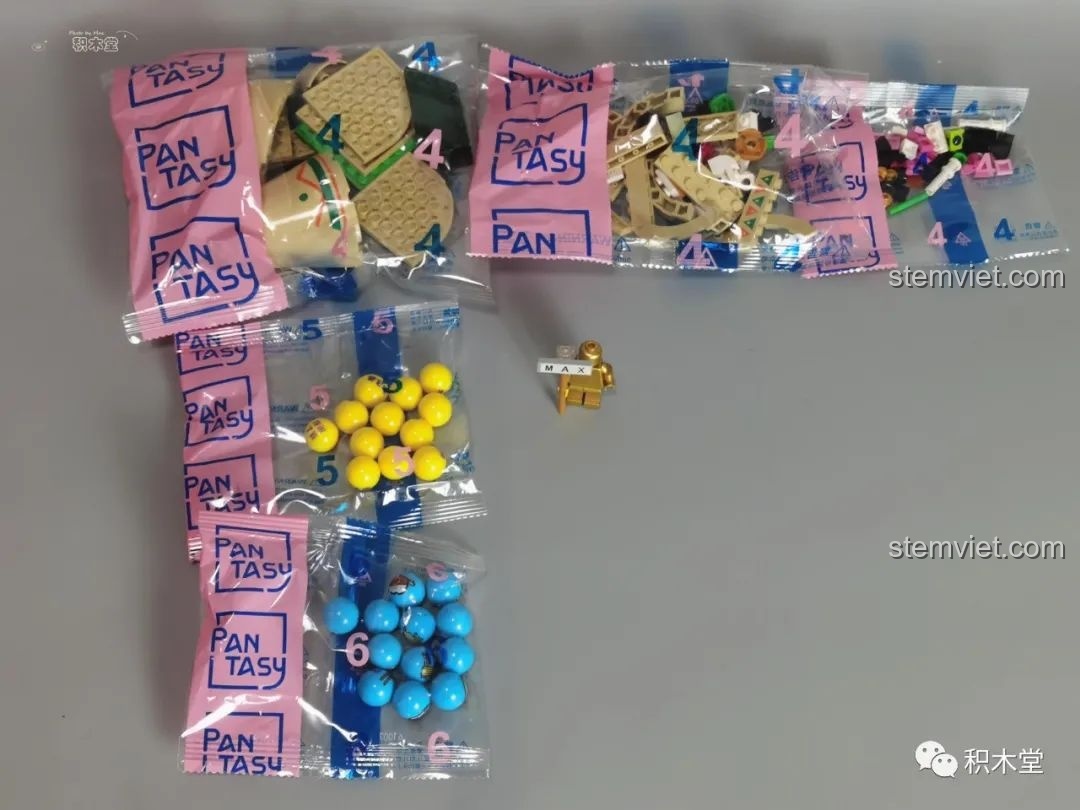 Các túi chi tiết gạch cho bước 4, 5, 6 của Mô hình xương rồng Mexico 61007, bao gồm các viên bi.