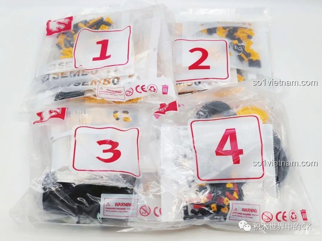 Các túi mảnh ghép bằng nhựa được đánh số từ 1 đến 4 của bộ Sembo 712016, giúp quá trình lắp ráp dễ dàng hơn.