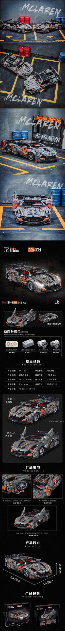 Đồ chơi mô hình CaCo C013 Siêu Xe McLaren Concept với 1142 chi tiết, thể hiện kích thước mô hình 33.6x18.8x8.9cm và hộp 42x34x9cm, chất lượng vượt trội.