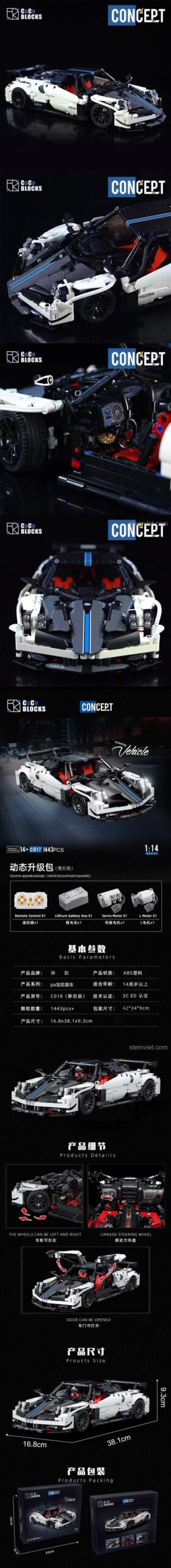 Chi tiết tính năng và kích thước của bộ lắp ráp Siêu xe Pagani Huayra CACO C017, mô hình xe thể thao tỉ lệ 1:14, đồ chơi trí tuệ.