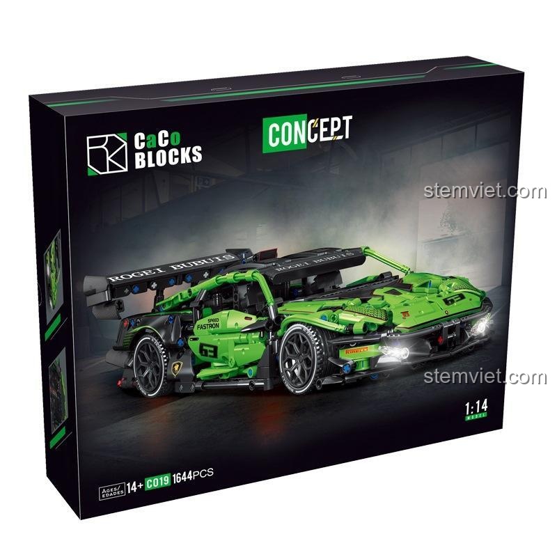 Chi tiết tính năng và kích thước của bộ lắp ghép CACO C019 Xe Đua Lamborghini, có thể nâng cấp điều khiển từ xa, mở được cửa và mui xe.