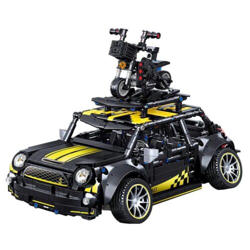 bộ lắp ghép Xe Mini Cooper F56 CACO C020, mô hình xe thể thao màu đen vàng, có xe máy trên nóc, dành cho con trai 14 tuổi, giá tốt