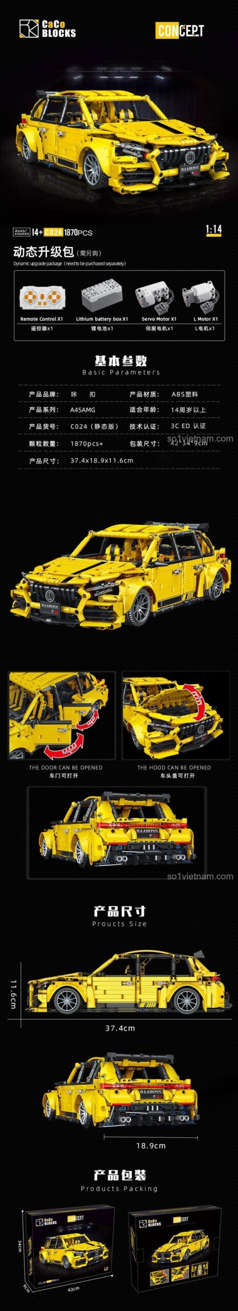 Thông số kỹ thuật bộ xếp hình C024, mô hình xe Mercedes A45 AMG tỉ lệ 1:14, có thể nâng cấp RC, 1870 mảnh ghép.