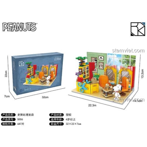 Hộp sản phẩm bộ lắp ghép Peanuts Snoopy: Tiệm Cắt Tóc 647 chi tiết của hãng 咔扣CACO