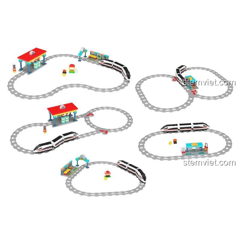 Các cấu hình đường ray khác nhau của bộ lắp ghép CaDA C31021 Tàu Hỏa Cảm Ứng, thể hiện khả năng sáng tạo không giới hạn cho trẻ 3 tuổi.