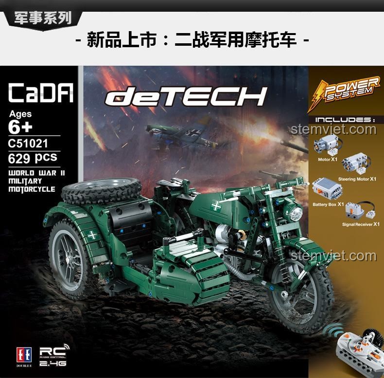 Hộp Đồ chơi mô hình Double Eagle Mô tô Thế chiến II C51021 với các bộ phận Power Functions (PF) đi kèm, đảm bảo trải nghiệm điều khiển mượt mà, giá trị cao.