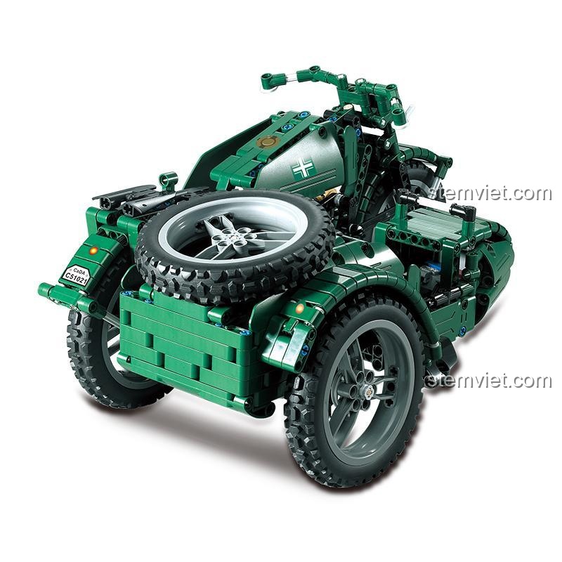 Góc nhìn từ trên xuống của Xe máy quân sự có thùng Double Eagle C51021, chi tiết động cơ và thùng xe được thể hiện rõ, đồ chơi giáo dục cho bé trai 6 tuổi.