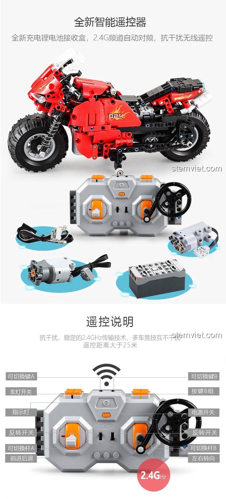 Hướng dẫn sử dụng bộ điều khiển từ xa 2.4GHz của bộ đồ chơi CaDA C51024, khoảng cách điều khiển trên 25 mét.