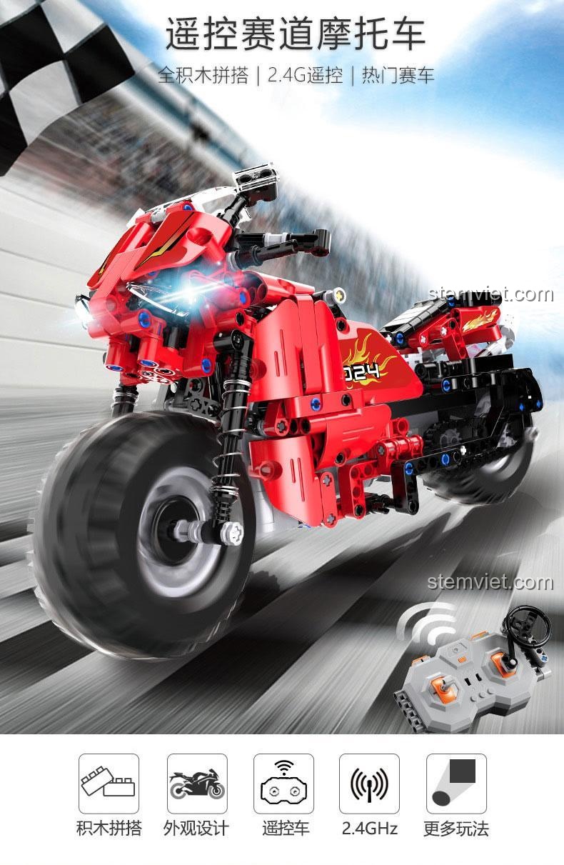 Các tính năng nổi bật của bộ xếp hình Xe đua hai bánh CaDA 51024: lắp ráp từ khối, thiết kế ngoại hình, điều khiển từ xa, tần số 2.4GHz, nhiều cách chơi.