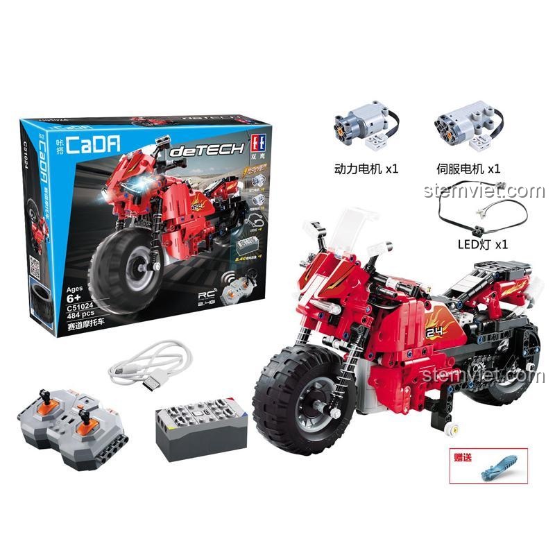 Ảnh chụp hộp và các thành phần của bộ lắp ráp CaDA C51024, bao gồm xe mô tô, điều khiển, pin và các động cơ.