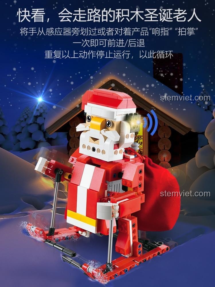 Mô hình Ông già Noel CaDA C51034 đang trượt tuyết, có khả năng di chuyển tiến lùi bằng cảm biến âm thanh và cử chỉ, đồ chơi giáo dục cho bé 6 tuổi.