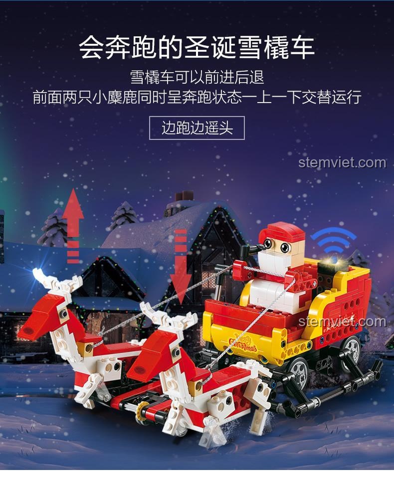 Mô hình Xe trượt tuyết Giáng sinh CaDA C51034 với tuần lộc đang chạy, có khả năng tiến lùi và tuần lộc di chuyển chân thực, đồ chơi Giáng sinh độc đáo.