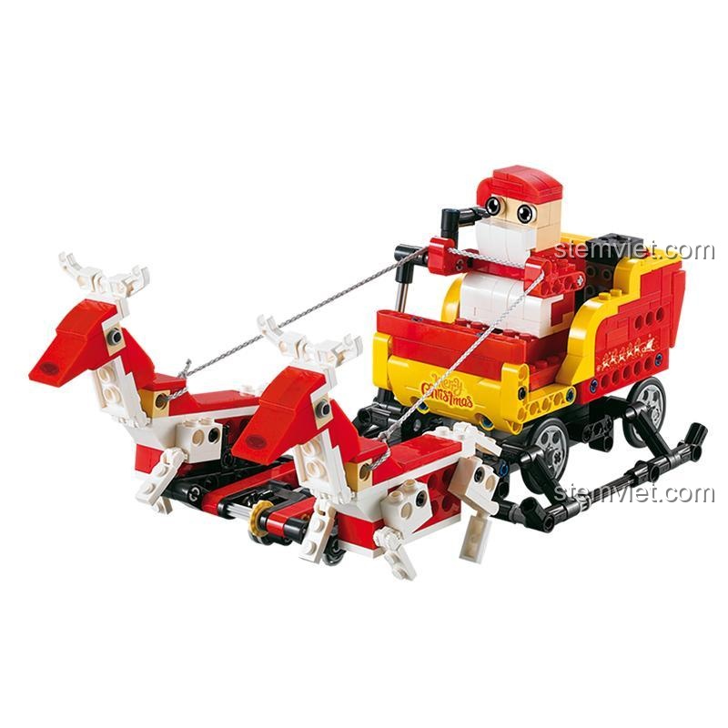 Mô hình Xe trượt tuyết Giáng sinh CaDA C51034 với hai chú tuần lộc kéo, nhìn từ phía trước, sẵn sàng cho hành trình phát quà, đồ chơi Giáng sinh độc đáo.