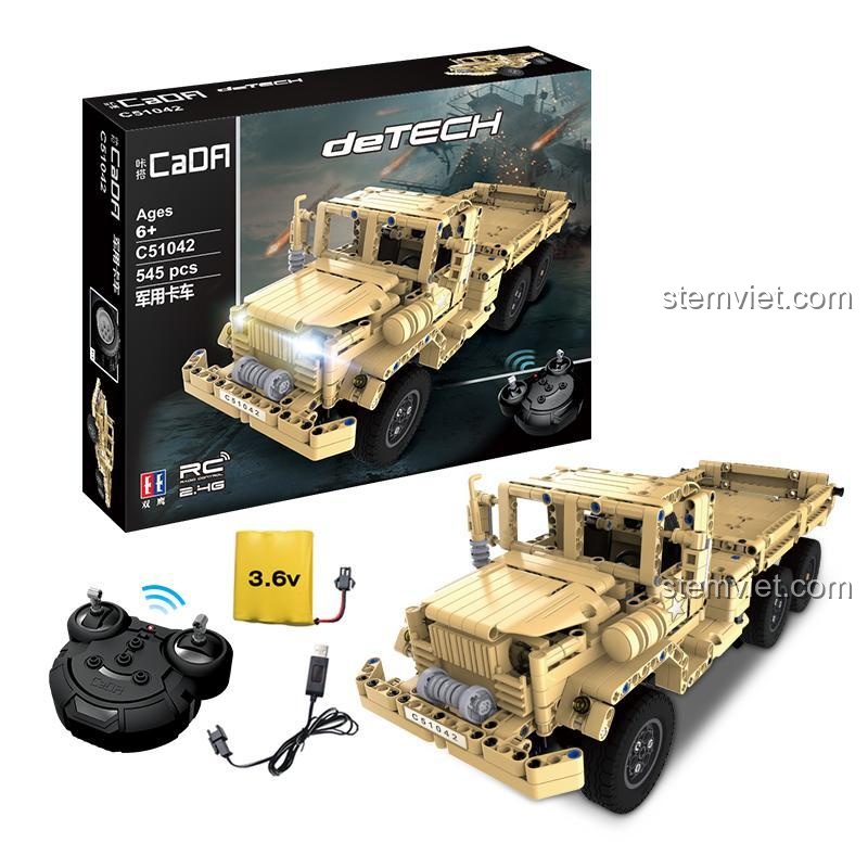 Hộp sản phẩm bộ lắp ráp Xe Tải Quân Sự CaDA C51042, món quà sinh nhật ý nghĩa cho bé trai 6 tuổi.