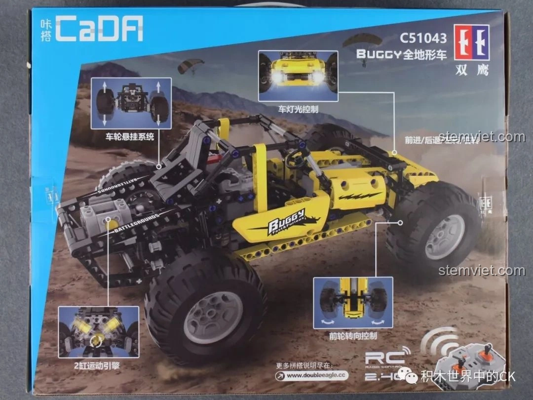 Mặt sau hộp CaDA C51043 Xe Buggy Địa Hình hiển thị các tính năng nổi bật như hệ thống treo, động cơ và điều khiển đèn.