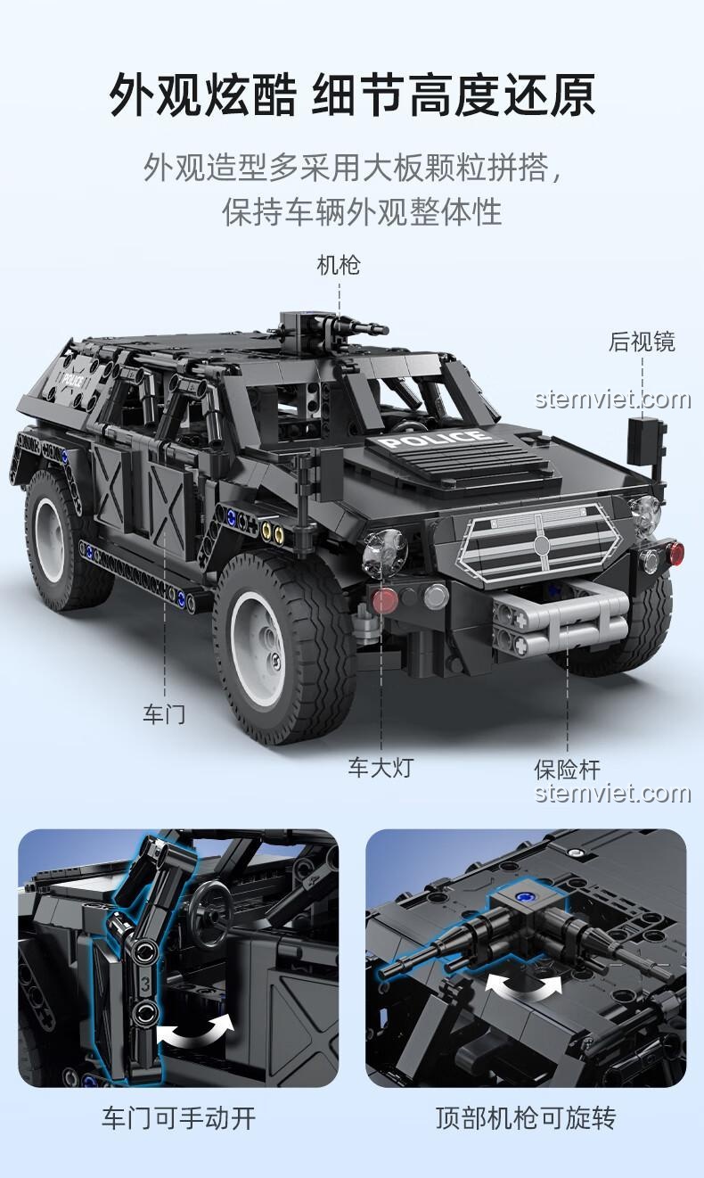 Xe Jeep Quân Sự Đặc Nhiệm CaDA C51207, đồ chơi mô hình xe SWAT, cửa xe mở thủ công, súng máy trên nóc xoay được, chi tiết cao, cho bé trai 6 tuổi