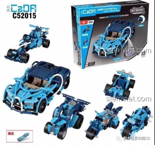 Hộp và các mẫu xe trong bộ đồ chơi xếp hình CaDA 52015, lắp được 6 kiểu xe đua khác nhau, giá tốt.
